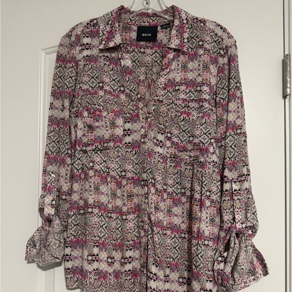 Maeve Anthropologie Top Pink Collar Button Roll Tab Sleeve Blouse Boho Small - Picture 1 of 5